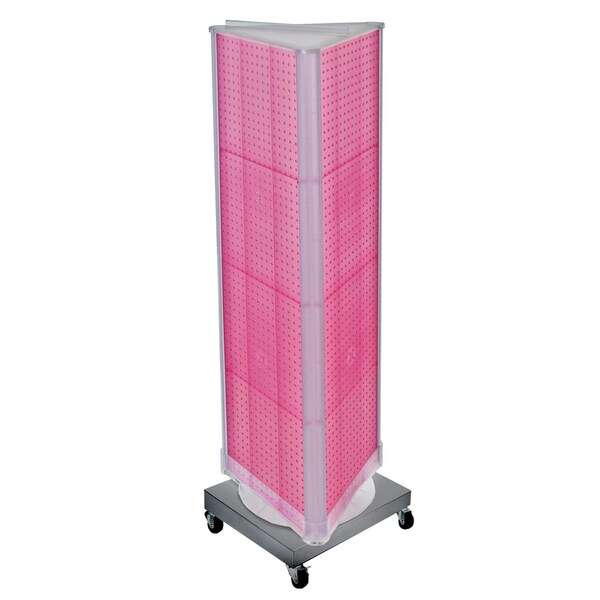 Three-Sided Revolving Pegboard Tower Floor Display on Wheeled Metal Base. Spinner Rack Stand.
